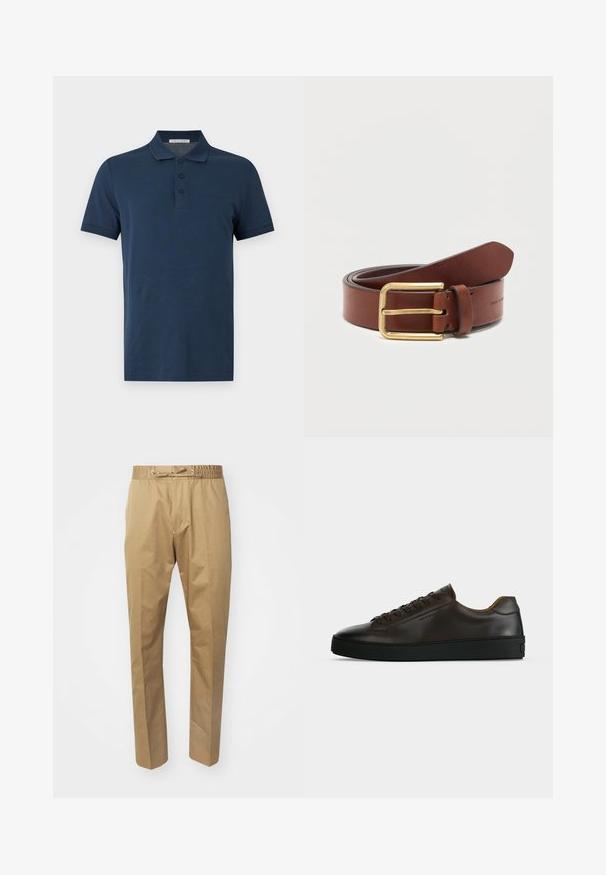 Navyblauw poloshirt met korte mouwen, drie knopen en een kraag, afgebeeld op een effen lichtgrijze achtergrond.; Beige broeken met een elastische tailleband en verstelbare trekker. Glad oppervlak, rechte pijpen en een minimalistisch ontwerp.; Low-profile donkerbruine leren sneaker met zwarte rubberen zool, veters aan de voorkant en een strak minimalistisch design op een lichte achtergrond.; Bruine leren riem met gouden rechthoekige gesp, opgerold op een effen witte achtergrond.