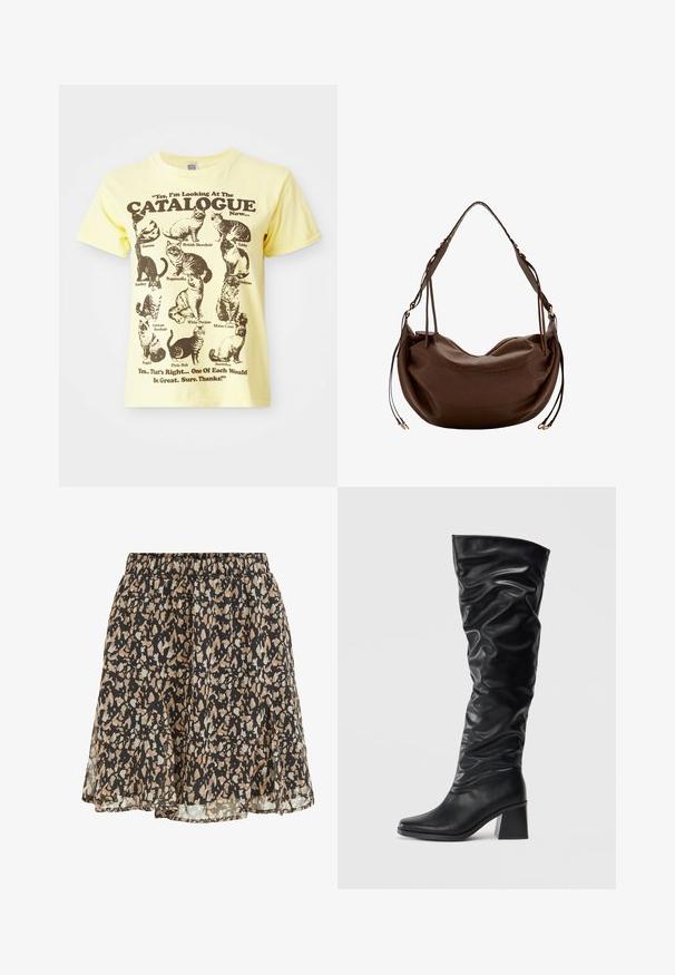 Camiseta de algodón amarilla con ilustraciones de gatos negros y texto: "Sí, estoy mirando el CATÁLOGO ahora...". Talla cuello redondo, mangas cortas.; Falda negra con manchas irregulares beige y gris claro, cintura elástica y un dobladillo suelto y ligeramente acampanado.; Botas negras hasta la rodilla hechas de cuero brillante con un diseño arrugado, puntera afilada y un tacón grueso. Textura suave con un brillo sutil.; Bolso bandolera de cuero marrón con forma curva, correa ajustable y borlas decorativas de cuero en ambos lados.