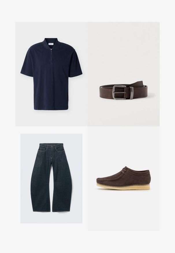 Marineblå kortærmet skjorte med opretstående krave og en centreret halvlynlås på en enkel baggrund.; Mørkeblå vidde jeans lavet af denim med fem lommer, synlige sømme, knaplukning og en ren finish.; Brune ruskindsko med en glat overflade, rund tå og minimalistisk design. Har en lysgummisål og kontrastfarvet snøredetalje.; Mørkebrunt læderbælte med sølv rektangulært spænde, rullet og placeret mod en lys neutral baggrund.