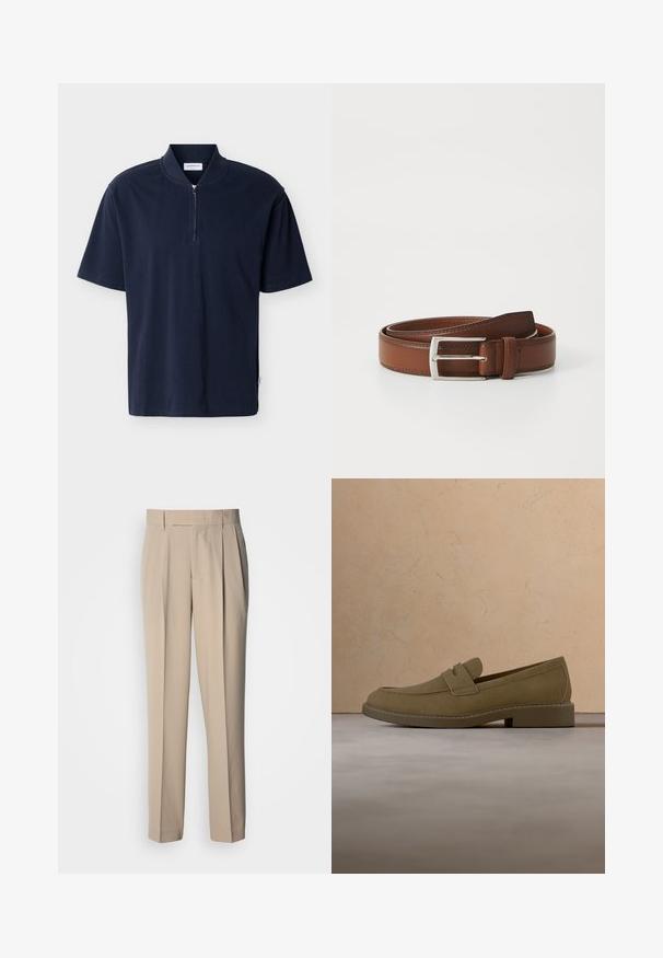 Chemise bleu marine à manches courtes avec col montant et fermeture éclair centrée sur fond uni.; Pantalon beige taille haute à plis, coupe droite, avec une texture lisse et sans ornements ni motifs visibles.; Mocassin en daim marron flottant au-dessus d'un tapis beige texturé dans un salon avec une table basse en bois et des livres empilés.; Ceinture en cuir brun au fini lisse, avec une boucle en métal argenté et une couture subtile le long des bords. Design classique et durable.