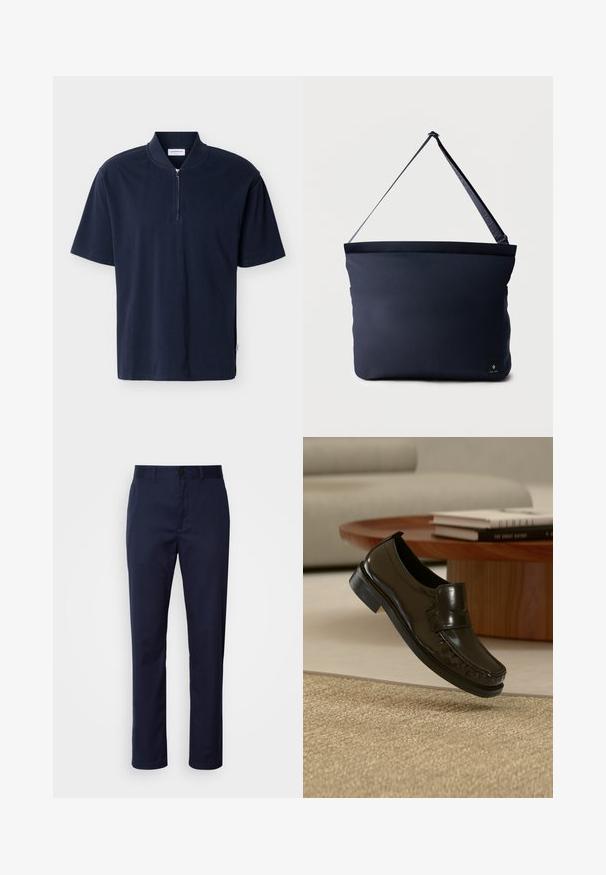 Camisa de manga corta azul marino con cuello alto y cierre de media cremallera centrado sobre un fondo liso.; Pantalones azul marino de mezcla de algodón. Presenta una pierna recta, una cinturilla con pasadores para cinturón y un cierre frontal con botón.; Zapato mocasín negro de cuero sin cordones levitando sobre una alfombra beige tejida con una mesa de café de madera y libros al fondo.; Bolso de hombro rectangular azul marino con correa negra ajustable y pequeño parche con logo negro en la esquina inferior derecha.