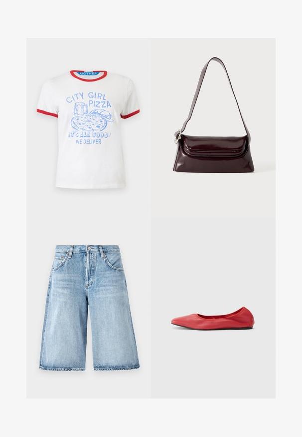Wit T-shirt met korte mouwen en rode bies, blauwe print van pizza, burger, bier en tekst "CITY GIRL PIZZA HET IS ALLEMAAL GOED, WIJ LEVEREN."; Lichtblauwe denim shorts met een losse pasvorm, featuring een hoge taille, vijf-pocket ontwerp en subtiele vervaging op de stof.; Filippa K REY FLATS - Ballerina's - bright red; Donker bordeauxkleurige leren schoudertas met klep en een smalle verstelbare riem, weergegeven op een effen lichte achtergrond.