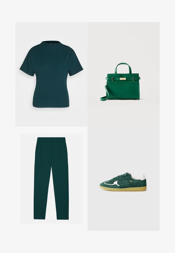 Top corto de color verde azulado con cuello alto, hecho de una tela suave. Presenta una silueta ajustada y detalles de costura mínimos.; Pantalones oscuros de color verde hechos de un material suave, con dos bolsillos laterales y un diseño de pierna recta. Estilo minimalista sin patrones visibles.; Zapatillas verdes de ante con acentos blancos, detalles perforados y suela de goma texturizada. Presenta cordones redondos y talón acolchado.; Bolso de mano de cuero verde con asa superior, cierre dorado y correa de hombro desmontable sobre fondo liso claro.