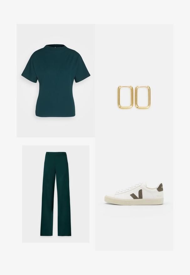 Haut à manches courtes teal avec un col montant, fabriqué en tissu lisse. Présente une silhouette ajustée et des détails de couture minimalistes.; Pantalon vert foncé à jambes droites, passants de ceinture, fermeture éclair à l'avant et jambes larges, posé à plat sur un fond blanc.; Baskets en cuir blanc avec une semelle en caoutchouc beige texturée, présentant un logo "V" marron au côté et des accents en daim assortis.; Boucles d'oreilles en métal doré présentant une forme carrée avec des bords lisses et une finition polie, réfléchissant la lumière avec une surface brillante.