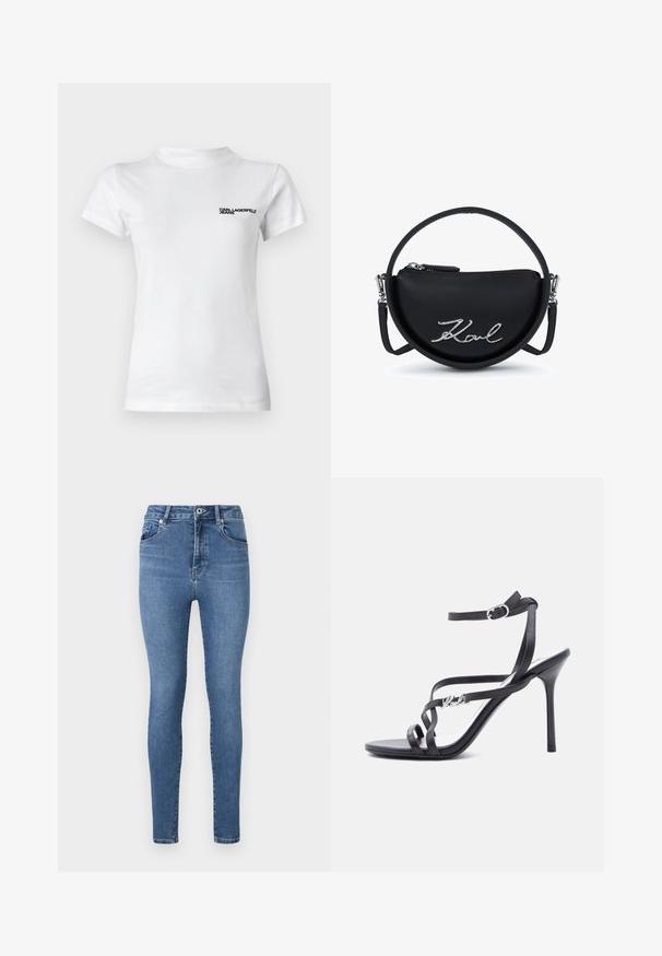 Biela bavlnená tričko s okrúhlym výstrihom. Má krátke rukávy a čierny logo nápis "KARL LAGERFELD JEANS" na ľavej strane hrude.; Úzke džínsy v stredne modrej denimovej farbe, s vysokým pásom, dizajnom piatich vreciek a jemným prešívaním na vreckách a švoch.; Čierna sandále na vysokom podpätku s tenkými remienkami, prackou na členku a kovovým logom na bočnom remienku, na bielom pozadí.; Čierna polkruhová kabelka s horným zipsom, strieborným logom "Karl" na prednej strane a odnímateľnou kruhovou rukoväťou a ramenným popruhom.