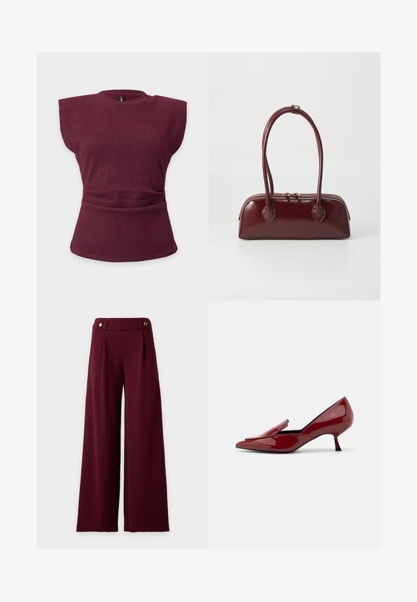 Haut sans manches en maille texturée bordeaux avec épaules rembourrées et détail taille froncée sur un fond clair uni.; Pantalon à jambes larges et taille haute en tissu bordeaux foncé avec une ceinture ajustée ornée de deux boutons dorés.; Talons escarpins en cuir verni rouge avec un bout pointu, un design sans lacets, et un petit talon aiguille. Texture lisse avec une silhouette élégante.; Sac à main en cuir bordeaux avec une forme courbée, deux poignées, fermeture éclair et détails de couture subtils. Fini lisse et brillant.