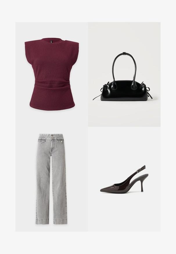 Ärmelloses, bordeauxfarbenes, strukturiertes Stricktop mit gepolsterten Schultern und einem gerafften Taillendetail vor einfarbig hellem Hintergrund.; Hoch taillierte, hellgraue Jeans mit weitem Bein, Frontklappentaschen und doppeltem Knopfverschluss am Bund.; Slingback-Pumps aus glänzendem dunklen braunen Lackleder, mit spitzer Zehenpartie, offenen Seiten und verstellbarem Knöchelriemen.; Kleine schwarze glänzende Handtasche mit zwei langen Griffen und seitlichen Kordelzug-Details vor einfachem hellem Hintergrund.