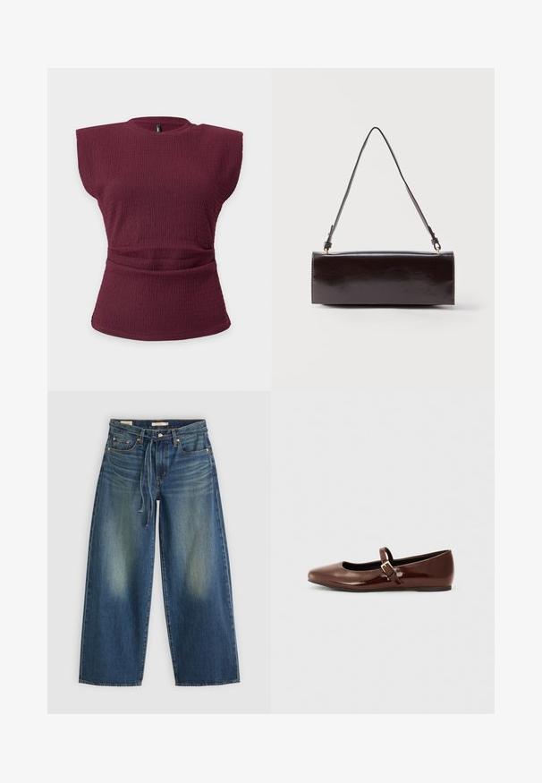 Ärmelloses, bordeauxfarbenes, strukturiertes Stricktop mit gepolsterten Schultern und einem gerafften Taillendetail vor einfarbig hellem Hintergrund.; Dunkelblaue Denim-Hosen im weit geschnittenen Stil mit einem verwaschenen Design, ausgestattet mit einem Kordelzug am Bund und fünf Taschen.; Braune Lackleder-Ballerinas mit quadratischer Zehenform und Riemen mit einer kleinen goldenen Schnalle. Glatte Textur, niedriger Absatz und minimalistisches Design.; Rechteckige schwarze Ledertasche mit einem einzelnen langen Riemen und glänzendem Finish, vor einem schlichten weißen Hintergrund präsentiert.