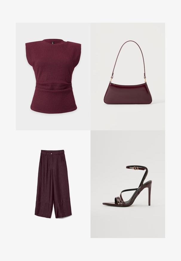 Haut sans manches en maille texturée bordeaux avec épaules rembourrées et détail taille froncée sur un fond clair uni.; Pantalons larges bordeaux en tissu texturé, dotés d'une fermeture à bouton et de plis sur le devant, avec une longueur raccourcie à l'ourlet.; Sandale à talons hauts en cuir verni bourgogne avec une bride de cheville, bout pointu et trois bandes horizontales sur le pied. Détail de boucle dorée.; Sac à main brillant bordeaux foncé avec une anse fine unique et une forme trapézoïdale élégante sur un fond clair uni.