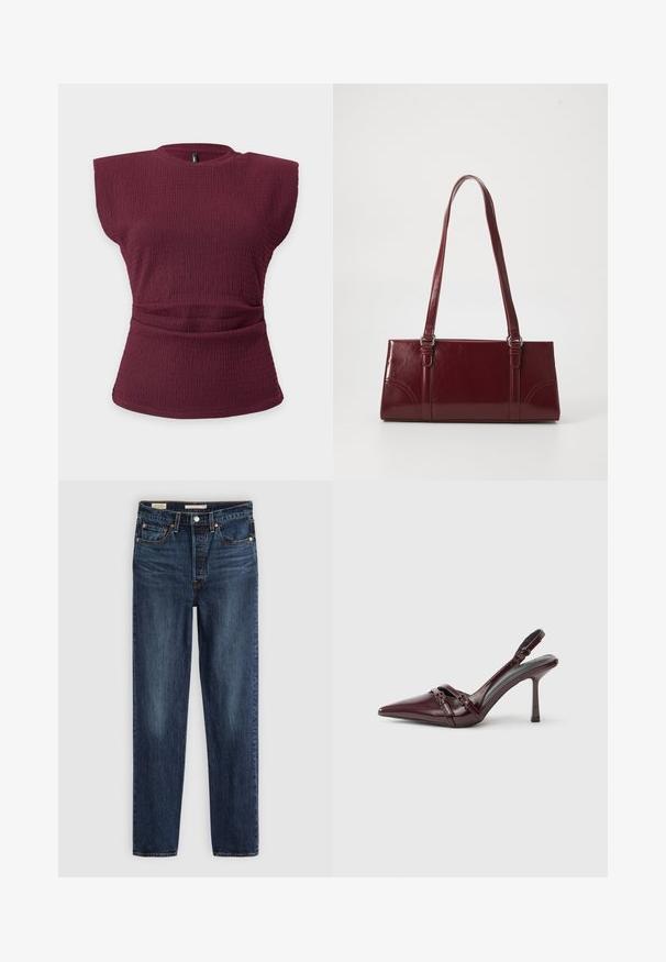 Haut sans manches en maille texturée bordeaux avec épaules rembourrées et détail taille froncée sur un fond clair uni.; Jeans droits bleu foncé avec cinq poches, fermeture à bouton et à glissière, et surpiqûre contrastante.; Escarpin slingback en cuir verni bordeaux avec bout pointu, fine bride à la cheville et petit détail décoratif de boucle. Texture lisse et talon haut.; Sac à main bordeaux en matériau brillant, de forme rectangulaire, avec deux anses et des accents légèrement courbés à l'avant.
