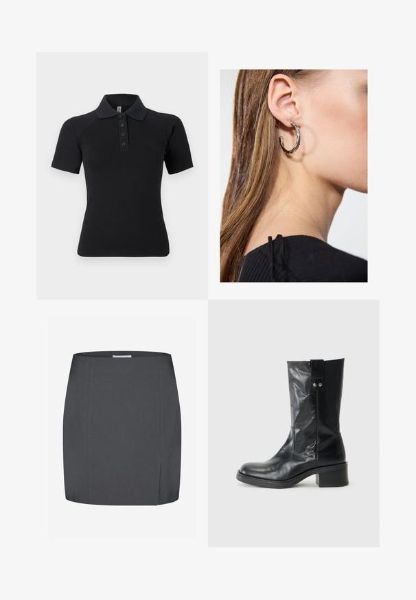 Zwart poloshirt met korte mouwen, geribde kraag en een knoopsluiting met vijf knopen. Gemaakt van een glad, rekbaar stof.; Envii SPLIT - Kokerrok - grey; Zwarte leren enkellaars met een ronde neus, een bescheiden gestapelde hak en een decoratieve zijtab. Het materiaal heeft een strakke, gepolijste afwerking.; Zilveren oorbel met een gepolijste afwerking, met kleine gouden accentdetails en een ronde vorm, gedragen op de oorlel.