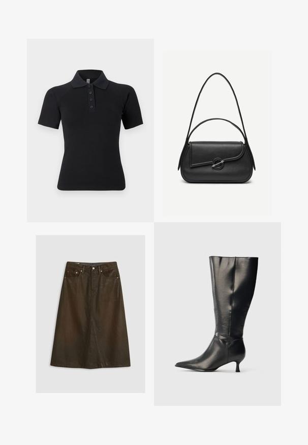 Sort polo skjorte med korte ærmer, ribbet krave og stolpelukning med fem knapper. Fremstillet i et glat, strækbart stof.; Brun denim A-formet nederdel med høj talje, frontslids, kobbernitter og tonede syninger. Glat tekstur, knælængde design.; Sort knæhøj læderstøvle med spids tå og lav kittenhæl, vist på en enkel lys baggrund.; Sort læderhåndtaske med afrundede kanter, asymmetrisk klap, metalcirkulært spænde samt både korte og lange skulderstropper.