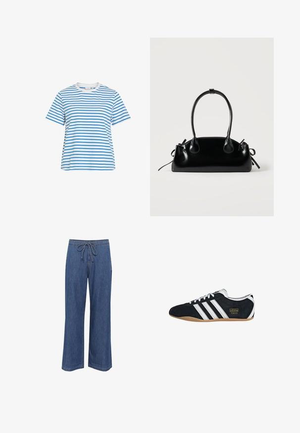 Hvid T-shirt med korte ærmer og rund hals med horisontale blå striber over hele stoffet.; Denim bukser med bred ben og snoreliv, i en mellemblå farve, lige pasform og diskrete sømdetaljer.; Sort ruskinds sneaker med hvide tre striber, guldlogo og en brun gummisål. Har et lavprofil snørebåndsdesign.; Lille sort blank håndtaske med to lange håndtag og snøre-detaljer i siden på en ensfarvet lys baggrund.