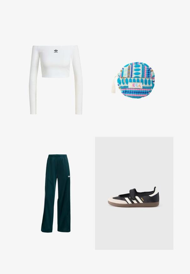 Hvid crop top med off-shoulder i ribbet stof, som har lange ærmer og et lille sort Adidas-logo på fronten.; Mørk teal træningsbukser lavet af letvægtigt stof, med et simpelt design, elastisk talje og hvide sideaccenter.; Sort og beige sko med velcrolukning, tre hvide striber på siden og en tekstureret brun gummisål. Mærkelogo er synligt.; Rund, vævet pouch i blå, pink og hvid med geometriske mønstre, guld accenter og lynlåslukning. Har en stofsløjfe for nem håndtering.