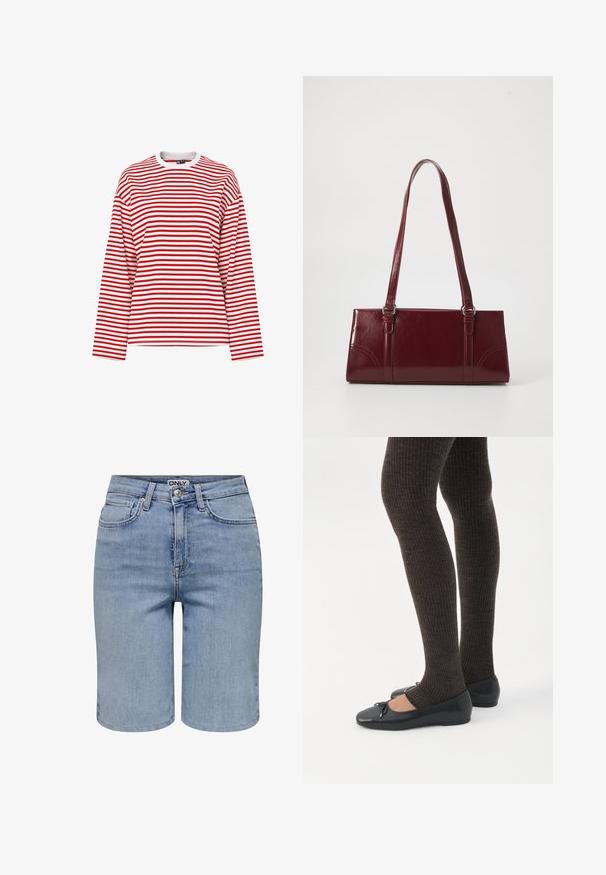 Langarm T-shirt met ronde hals, horizontale rood-witte strepen, losse pasvorm en witte kraag op een effen achtergrond.; Lichtblauwe denim shorts met voorzakken, riemlussen, een metalen knoop en een ritssluiting.; Benen met donkere geribbelde leggings gecombineerd met zwarte ballerina's met kleine strikdetails op een witte achtergrond.; Bourgondische handtas van glanzend materiaal, rechthoekige vorm, met twee schouderbanden en subtiele gebogen accenten aan de voorkant.