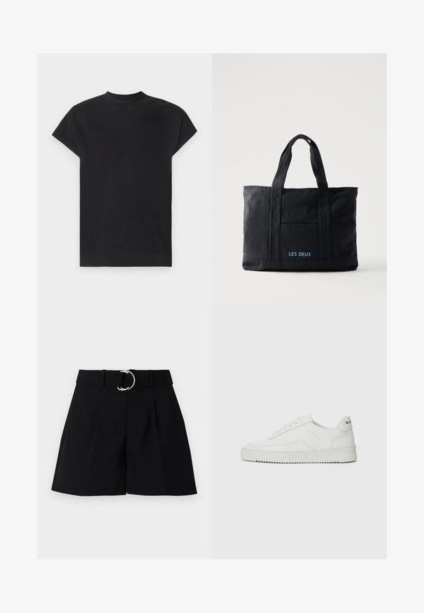 Won Hundred CREED - T-shirt basique - black; Shorts noirs ajustés en tissu tissé. Présentent une large taille avec une boucle circulaire en argent, des plis à l'avant et une coupe droite.; Baskets en cuir blanc avec une finition lisse, bout arrondi, lacets plats et semelle texturée. Présente un logo discret sur le talon.; Sac cabas en toile noire avec deux anses, poche avant et "LES DEUX" brodé en bleu sur la poche avant.