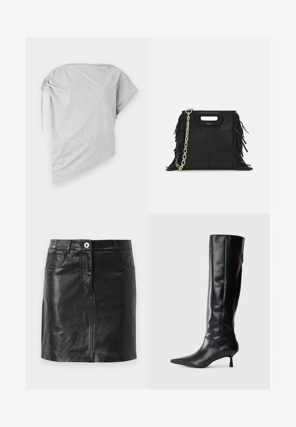 Asymmetrisk grå t-shirt i blødt stof, med en bundet detalje på den ene side og en bred halsudskæring, med korte ærmer og en afslappet pasform.; Weekend Max Mara HULL - Pencil skirt - nero; Sorte læder knæhøje støvler med spids tå og slank buet hæl. Glat tekstur, tætsiddende design og ingen synlig hardware eller mønstre.; Sort læder skuldertaske med frynse-detaljer, guldkæde skulderrem og udskåret håndtag. Har logo placeret på forsiden.