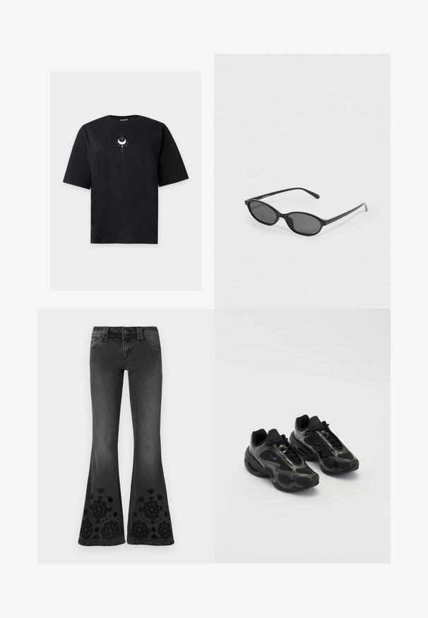 Sort T-shirt med korte ærmer med et lille hvidt motiv af en halvmåne og en stjerne centralt placeret nær kraven.; Sorta jeans med vidde og en falmet finish; har broderede blomsterpatroner i sort ved kanten; denim materiale med en glat tekstur.; Sorte sportssko lavet af syntetisk materiale med mesh-detaljer og afrundede såler. Har snørresystem og fremtrædende Nike-logo på tungen.; Sorte solbriller med ovalt stel, mørketonede linser, slanke stænger og diskret mærkenavn på indersiden af venstre brilleglas.