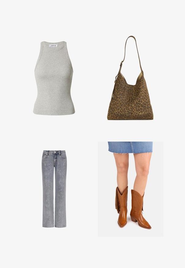 Grijze geribde tanktop met een hoge halslijn en zonder mouwen, met een aansluitende pasvorm en een gestikte label aan de hals.; Lichtblauwe jeans met een rechte pijp, voorzien van geborduurde schedelontwerpen aan de voorkant, gemaakt van denimmateriaal.; Bruine leren cowboylaarzen met puntige neuzen, decoratieve stiksels en zijfranje, voorzien van een gestapelde hak voor extra hoogte.; Schoudertas met luipaardprint, een zacht, gestructureerd oppervlak en een gebogen vorm. Voorzien van een verstelbare enkele schouderband en accenten van goudkleurig beslag.