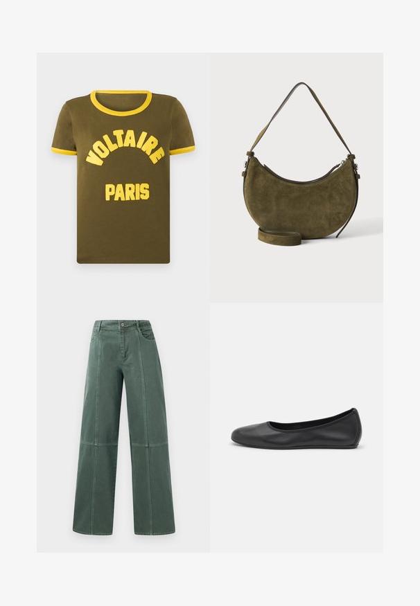 T-shirt à manches courtes vert olive avec un col et des poignets côtelés jaunes, présentant un texte brodé jaune "VOLTAIRE" et "PARIS".; Pantalons larges en denim vert foncé, avec des coutures surpiquées, cinq poches et une fermeture à bouton à la taille. Texture lisse et design décontracté.; Ballerines en cuir noir avec un bout rond, texture lisse, détails de couture minimalistes et design de semelle flexible.; Sac à main en daim vert olive en forme de croissant avec une courte bandoulière et une sangle longue réglable supplémentaire, fermeture éclair sur le dessus.
