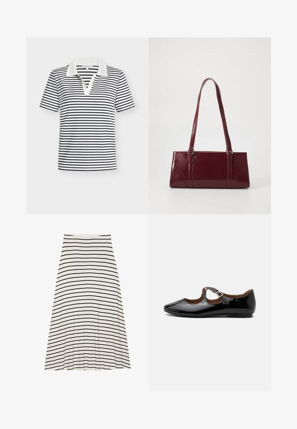 Polo rayé noir et blanc, avec un col blanc contrastant, des manches courtes et un décolleté en V. Tissu texturé.; Une jupe longueur genou en tissu doux, avec des rayures horizontales noires et blanches alternées, une silhouette évasée et une ceinture confortable.; Chaussure plate Mary Jane en cuir verni noir avec deux découpes et une bride à boucle dorée sur fond blanc.; Sac à main bordeaux en matériau brillant, de forme rectangulaire, avec deux anses et des accents légèrement courbés à l'avant.