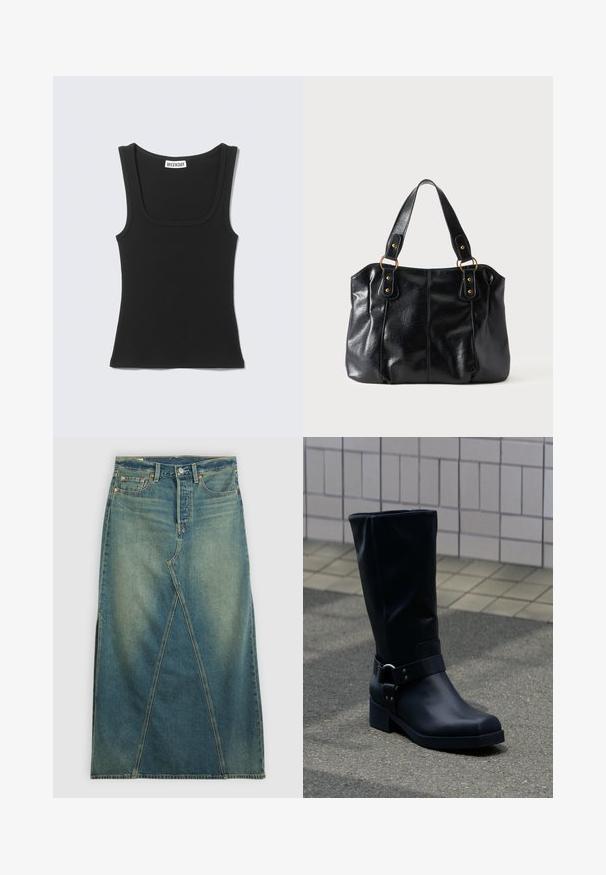 Sort ribbet ærmeløs tanktop med brede skulderstropper og firkantet halsudskæring, mærket "WEEKDAY" inde i kraven.; Denim nederdel med høj talje i mellemblå. Har en markant frontnaht, sideskår og standard fem-lomme design.; Sort læderstøvle midt på læggen med lav blokhæle og en dekorativ rem med metal spænde rundt om anklen, på en flisebelagt fortov.; Sort læder skuldertaske med dobbelte stropper fastgjort med gyldne ringe og nitter, glat og let skinnende overflade, enkelt design.