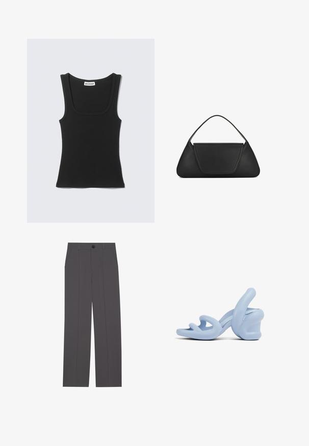 Sort ribbet ærmeløs tanktop med brede skulderstropper og firkantet halsudskæring, mærket "WEEKDAY" inde i kraven.; Grå bukser med lige ben design, der har to side lommer og en knaplukning. Glat stof uden synlige mønstre eller detaljer.; Lysblå hælede sandaler lavet af glat gummi, med et skulpturelt design med bølgede remme og en kraftig hæl.; Sort læderhåndtaske med trekantet form, enkelt håndtag og klaplukning. Glat tekstur og minimal syningsdetalje.