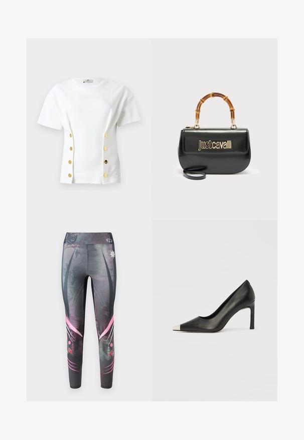 Hvid T-shirt med korte ærmer lavet af blødt stof, med dekorative guldknapper på hver side og en klassisk rund halsudskæring.; Tætsiddende leggings i mørkegrå med et prikket mønster, der har pink grafiske detaljer og en høj talje.; Sort læder højhælet sko med spids tå og metal-sølv hætte. Har en glat finish og en slank hæl på 10 cm.; Sort læderhåndtaske med guld "Just Cavalli"-logo foran og buet bambushåndtag, med aftagelig lang rem.