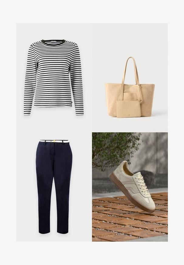Langsleeve shirt in zwart-witte strepen, met een ronde groene halslijn. Zachte stof met een normale pasvorm en rechte zoom.; Marineblauwe chinos met een slim fit, van katoen, en een witte riem met een goudkleurige gesp. Gladde textuur, rechte pijpen, minimalistisch design.; Sneaker in roomkleur met een gestructureerde beige rubberen zool, vetersluiting en subtiele merkdetails aan de zijkant. Bovenwerk van glad leer.; Beige suède totebag met lange handvatten en bijpassend ritsvakje, afgebeeld op een effen witte achtergrond.