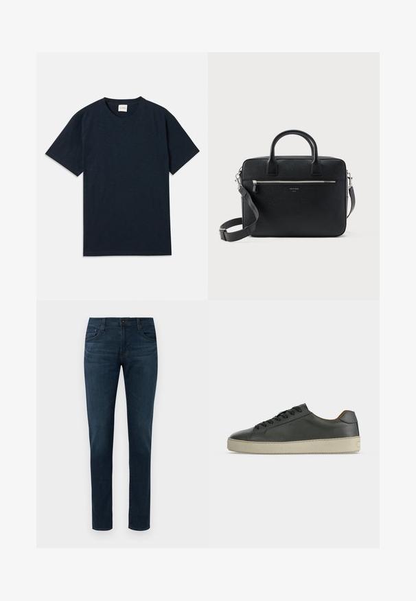 Effen donkermarineblauwe t-shirt met korte mouwen en ronde hals, voorzien van een klein reliëflogo nabij de onderzoom.; Donkerblauwe slim-fit jeans met vijf zakken, sluiting met een knoop aan de voorkant en ritssluiting, tentoongesteld tegen een witte achtergrond.; Zwarte lage leren sneaker met zwarte veters en off-white rubberen zool, gezien vanaf de buitenkant op een witte achtergrond.; Zwart gestructureerde rechthoekige leren aktetas met dubbele handvatten, voorvak met rits en verstelbare schouderriem, weergegeven op witte achtergrond.
