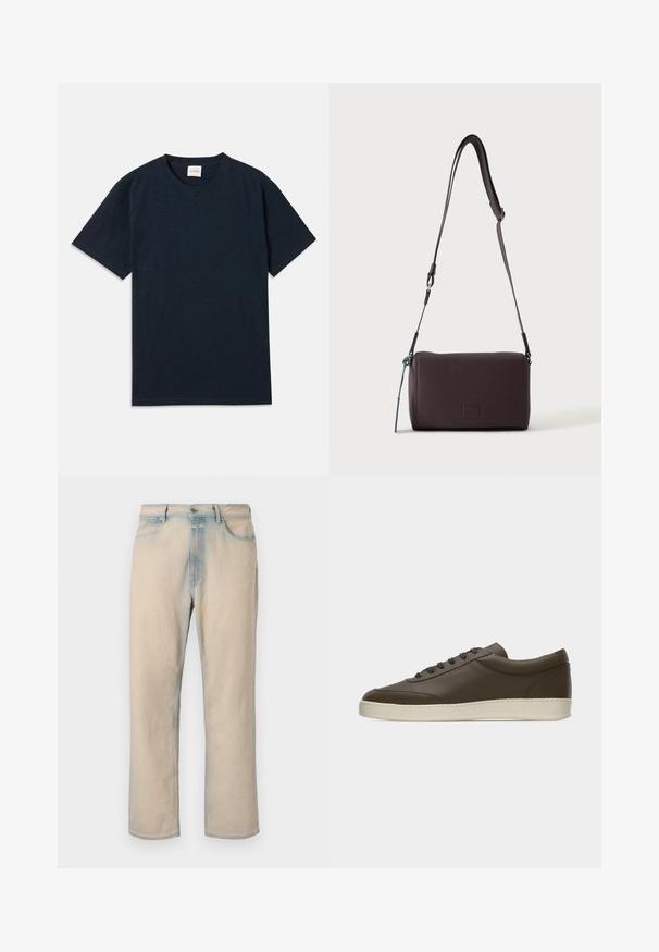 Effen donkermarineblauwe t-shirt met korte mouwen en ronde hals, voorzien van een klein reliëflogo nabij de onderzoom.; Licht beige denim jeans met een rechte pijpdesign, vervaagde blauwe accenten, vijf zakken en een knoopsluiting in de taille.; Donkerbruine leren lage sneaker met veters aan de voorkant en een crèmekleurige rubberen zool, getoond vanaf de buitenkant tegen een witte achtergrond.; Donkerbruine gestructureerde leren crossbodytas met verstelbare riem en klein decoratief blauw accent aan de zijkant.