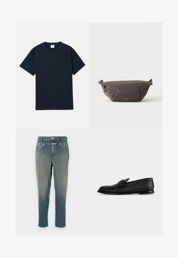 Ensfarvet mørkeblå kortærmet t-shirt med rund hals og lille præget logo nær den nederste kant.; Denim jeans i falmet blå, lige fit med høj talje. Har bæltestropper, fem lommer og metalknaplukning. Let slidte detaljer.; Sort læderloafer med lav hæl og remdetalje over oversiden, vist i sideprofil på en lys baggrund.; Mørkebrun stof talje taske med diagonalt lynlåslomme og lille hvidt logo på fronten, sat mod en ensfarvet lys baggrund.