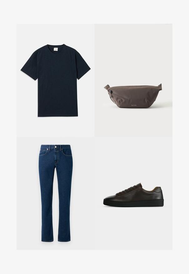 T-shirt à manches courtes en bleu marine uni avec un petit logo embossé près de l'ourlet inférieur.; Jean en denim bleu foncé avec un design slim à jambe droite, style classique à cinq poches et fermeture à bouton à la taille.; Baskets basses en cuir marron foncé avec semelle en caoutchouc noire, lacets à l'avant et design minimaliste épuré sur fond clair.; Sac banane en tissu marron foncé avec poche zippée en diagonale et petit logo blanc sur le devant, sur un fond clair uni.