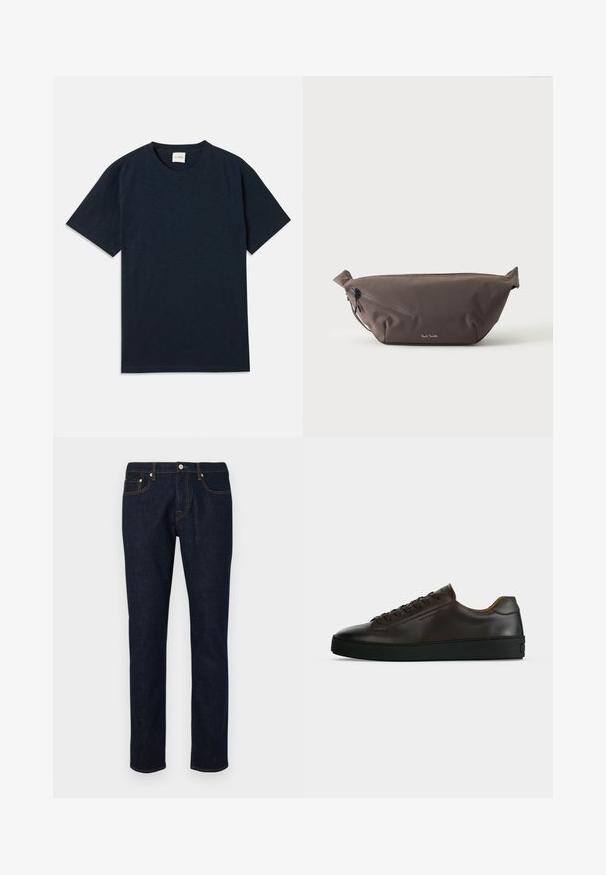 T-shirt à manches courtes en bleu marine uni avec un petit logo embossé près de l'ourlet inférieur.; Jean en denim foncé avec une coupe droite, présentant des coutures contrastantes, un style à cinq poches et une fermeture à bouton à la taille.; Baskets basses en cuir marron foncé avec semelle en caoutchouc noire, lacets à l'avant et design minimaliste épuré sur fond clair.; Sac banane en tissu marron foncé avec poche zippée en diagonale et petit logo blanc sur le devant, sur un fond clair uni.