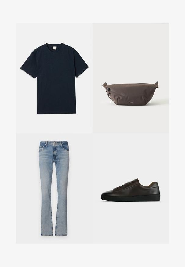 Ein einfarbiges, dunkelblaues Kurzarm-T-Shirt mit Rundhalsausschnitt und kleinem eingeprägtem Logo nahe dem unteren Saum.; Hellblaue, ausgestellte Jeans aus Denim mit mittelhohem Bund, fünf Taschen und einem verblassten Finish, ausgestattet mit einem Reißverschluss und einem Metallknopfverschluss.; Flach geschnittener dunkelbrauner Ledersneaker mit schwarzer Gummisohle, Schnürung vorne und schlicht-minimalistischem Design auf hellem Hintergrund.; Dunkelbraune Stoff-Gürteltasche mit diagonalem Reißverschlussfach und kleinem weißen Logo vorne, vor einem einfarbigen hellen Hintergrund.