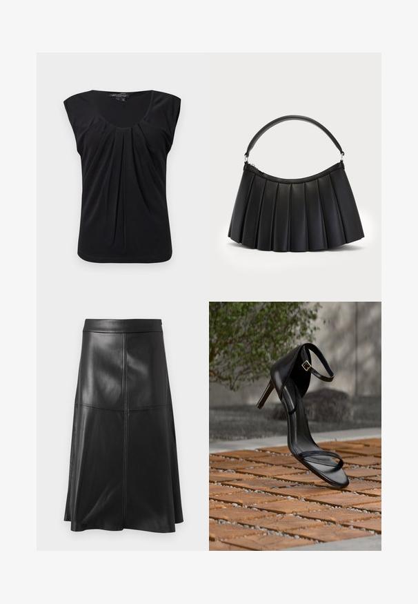 Haut noir sans manches avec un décolleté en scoop et des plissés à l'avant. Fait en tissu lisse avec une coupe décontractée et un ourlet arrondi en bas.; Jupe noire en cuir en forme d'A, avec une texture lisse, présentant des détails de couture verticale et une ceinture. L'ourlet tombe juste en dessous du genou.; Sandale noire à talon haut avec sangle à la cheville, suspendue au-dessus d'un sol en carreaux de bois à l'extérieur, avec un arrière-plan flou de verdure et de pierre.; Sac noir plissé en simili cuir, avec une anse incurvée et une fermeture éclair sur le dessus. Texture lisse avec un design structuré.