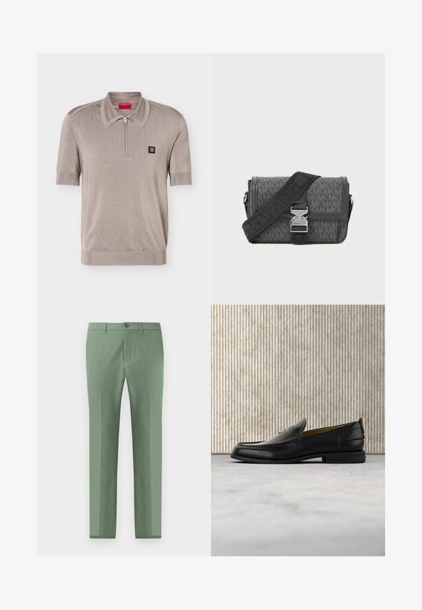 Polo de manga corta color marrón claro con cuello de cremallera y logo cuadrado negro de Hugo en el lado izquierdo del pecho.; Pantalones ajustados en suave tejido texturizado de color verde claro. Cuentan con un cierre de botón único y bolsillos laterales inclinados. Acabado liso en toda su superficie.; Mocasín de cuero negro para hombre con empeine grabado en relieve de cocodrilo y tacón bajo, mostrado de perfil sobre un fondo neutro.; Bolso cruzado de color gris con estampado, hecho de material texturizado, que cuenta con un cierre de metal y una correa ajustable con marca y acentos en negro.