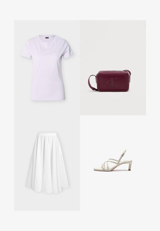 T-shirt blanc pour femme à manches courtes avec col rond et petit logo "BOSS" en relief sur le côté gauche de la poitrine.; Jupe blanche longueur cheville avec taille élastique froncée et silhouette évasée et volumineuse sur fond uni.; Zign Escarpins - off white; Sac à main en cuir bordeaux de forme rectangulaire, avec un logo "cK" embossé à l'avant, fermeture éclair et une bandoulière amovible pour le porter.
