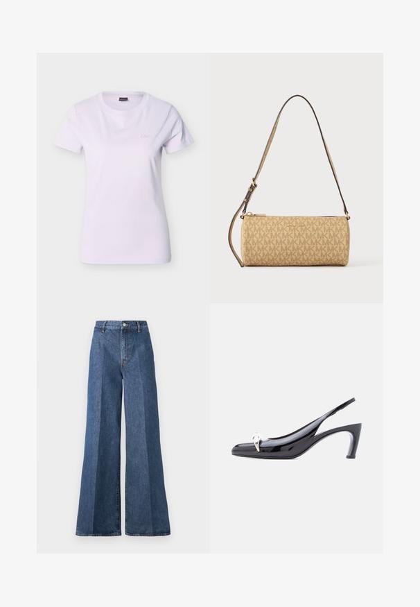 Wit dames T-shirt met korte mouwen, ronde hals en een klein reliëf "BOSS" logo op de linkerborst.; Wijd flonkerige blauwe denim jeans met een hoge taille, voorzien van klassieke vijf-pocketstijl en een knoopsluiting, gemaakt van gestructureerde katoen.; Zwarte slingback pumps van lakleer met puntige neus en zilverkleurige decoratieve versiering aan de voorkant.; Beige cilindervormige Michael Kors handtas met herhalend logopatroon, gouden ritssluiting en verstelbare donkerbruine schouderband.