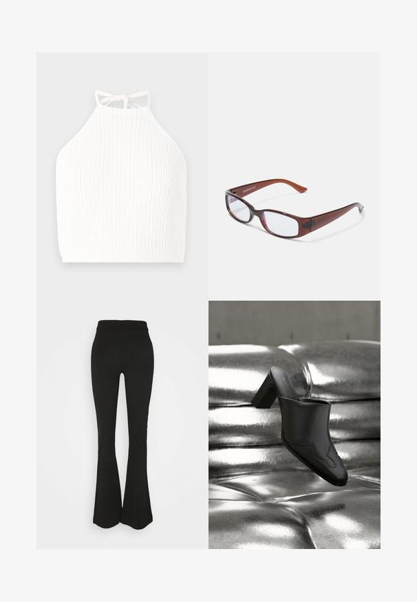 Haut en tricot blanc à bretelles, présentant une texture côtelée, des liens réglables au niveau du cou et un design ajusté qui se termine à la taille.; Leggings noires évasées avec une texture lisse, une taille haute et une silhouette ajustée, s'élargissant en un design évasé au niveau de la cheville.; Mule en cuir noir avec talon bloc reposant sur une surface argentée brillante capitonnée, mettant en valeur son design élégant et ses détails incurvés.; Lunettes rectangulaires teintées de brun avec une finition brillante, dotées de branches fines et de verres transparents. Logo visible sur la branche gauche.