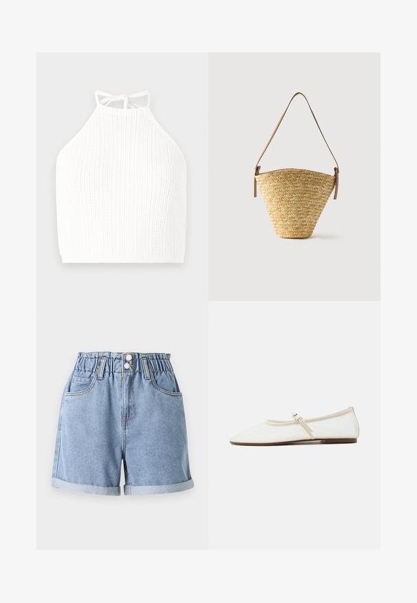 Hvid strikket halterneck-top med ribbet tekstur, justerbare bånd ved halsen og en tætsiddende design, der slutter ved livet.; Lysblå denimshorts med elastisk talje, to frontlommer, opsmøgede kanter og dobbeltknaplukning. Glat tekstur, afslappet design.; Hvid Mary Jane flad sko med spids tå, tynd justerbar rem med sølvspænde og brun sål på hvid baggrund.; Flettet stråtaske med bred bund, smal top og justerbar brun læder skulderrem.