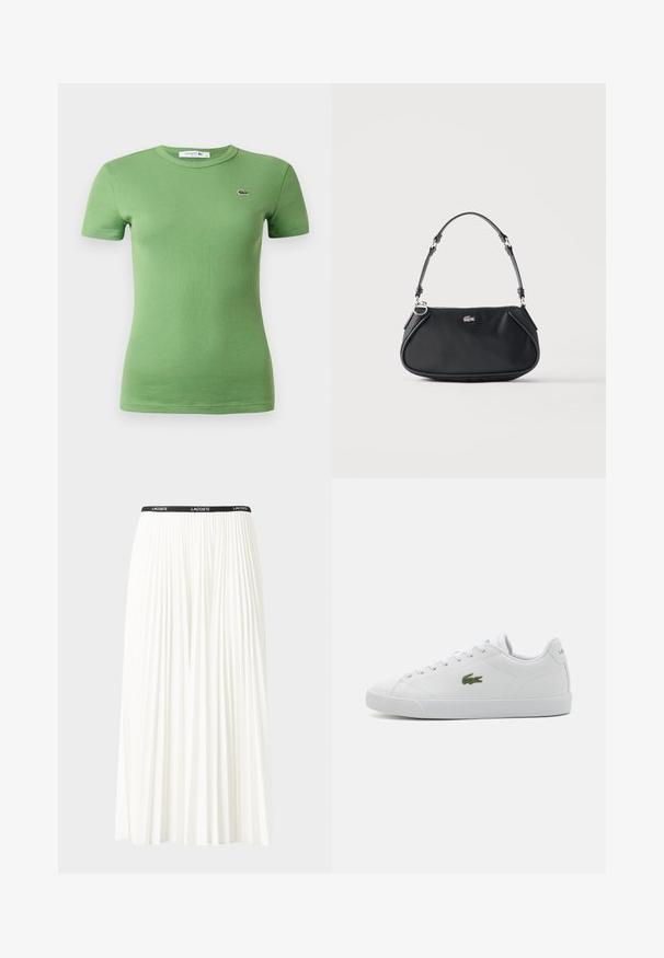 Ribbet grøn t-shirt lavet af bomuld, med korte ærmer, rund halsudskæring og et lille broderet logo på brystet.; Plisseret hvid nederdel med en sort elastisk talje, der har "LACOSTE"-logoet. Mellemlang design med blød tekstur.; Hvide lædersneakers med rund tå, snøre-design, grøn broderet krokodille-logo og struktureret gummisål.; Sort skuldertaske med justerbar rem, lynlås og lille sølv krokodille logo foran i midten.