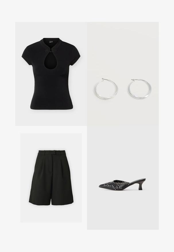Zwart aansluitend topje met korte mouwen, een ronde halslijn, een sleutelgatuitsnede op de borst en een decoratieve bloemenklemsluiting.; Vero Moda Tall VMBECCA BERMUDA - Shorts - black; Zwarte leren puntige muiltjes met gestifte decoratieve patronen en een korte, schuine kittenhak.; Zilverkleurige metalen creolen oorbellen met een glad, licht gebogen oppervlak en sluitingen met haaksluiting op een effen witte achtergrond.