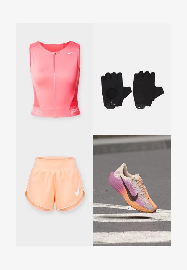 Nike lyserød atletisk crop top med rund halsudskæring, lynlås foran og meshdetaljer på siderne. Har Nike-logo og "PRKE" ved kanten.; Ferskenfarvede atletikshorts med bred talje, hvid kant og stor hvid Nike-swoosh på højre ben.; Letvægts løbesko med pink, orange og beige gradient strik, sort Nike swoosh, svævende midt i luften over ru asfalt med hvide vejstriber.; Sorte fingerløse handsker med et tekstureret design. Lavet af et åndbart materiale, med en tommelfingeråbning og forstærket håndflade for bedre greb.