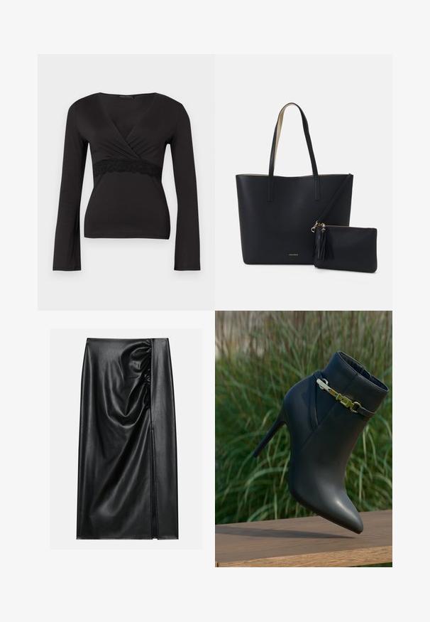 Top noir à manches longues enroulé avec décolleté en V et dentelle sous la poitrine, silhouette ajustée.; Jupe en cuir noir avec une texture lisse, présentant une section froncée sur un côté et une fente sur le côté pour un détail supplémentaire.; Bottine noire à talons hauts avec un bout pointu et un détail de boucle en or, exposée sur une surface en bois avec un arrière-plan de feuillage vert.; Sac fourre-tout noir avec un matériau texturé, deux longues anses et une pochette zippée amovible avec un détail de pompon. Logo de la marque en orvisible.