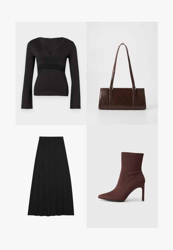 Top noir à manches longues enroulé avec décolleté en V et dentelle sous la poitrine, silhouette ajustée.; Jupe maxi noire en tissu doux et fluide. Elle présente une taille élastique et une silhouette évasée en A avec une texture lisse.; Botte de cheville en tissu stretch marron avec un bout pointu et un talon stiletto de 10 cm. Détails de couture sur les côtés, texture lisse et sans fermetures visibles.; Sac à main en cuir verni marron de forme rectangulaire, avec deux longues poignées et des accents courbés subtils à l'avant.