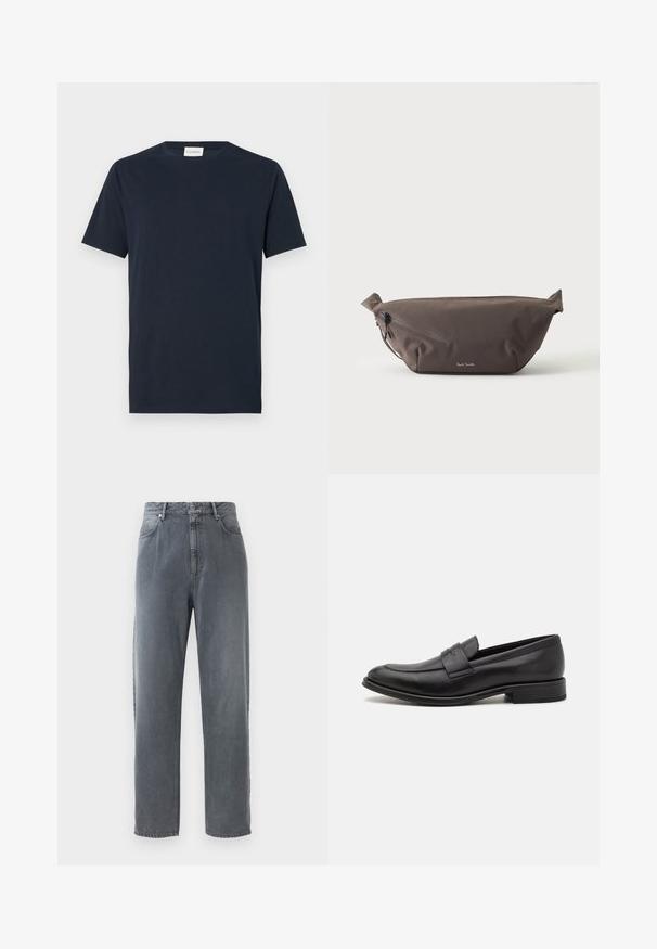 Mørkeblå kortærmet T-shirt lavet af blødt bomuld. Har en rund halsudskæring og et simpelt, rent design uden mønstre eller detaljer.; Højtraljede, lige ben jeans i falmet grå denim, med fem lommer, knaplukning og subtil falmning på stoffet.; Sort læderloafer med en glat finish, en dekorativ rem over vristen, rund tå og en lav stablet hæl.; Mørkebrun stof talje taske med diagonalt lynlåslomme og lille hvidt logo på fronten, sat mod en ensfarvet lys baggrund.