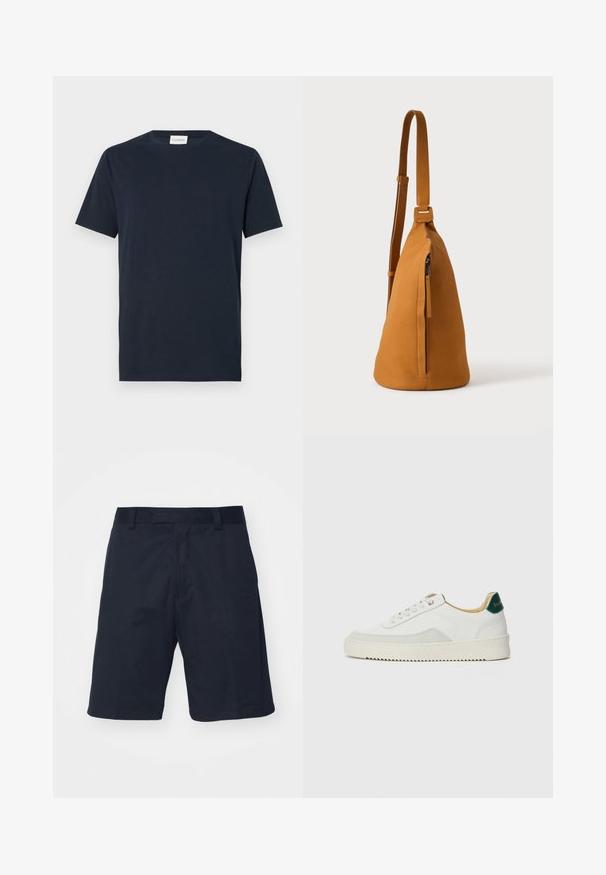 Camiseta de manga corta azul marino hecha de algodón suave. Presenta un escote de barco y un diseño simple y limpio, sin patrones ni acentos.; Pantalones cortos negros hechos de una tela suave, con un diseño de frente plano, presillas para cinturón y largo hasta la rodilla, sin patrones ni elementos metálicos visibles.; Zapatilla blanca con acentos de ante, puntera redondeada, cordones planos y suela de goma color crema. Presenta un logo verde en el talón.; Bolso bandolera de piel color canela con correa ajustable y bolsillo vertical con cremallera, mostrado de lado sobre un fondo claro y liso.