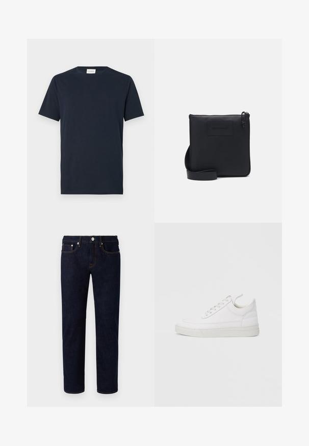 T-shirt à manches courtes bleu marine en coton doux. Il présente un col rond et un design simple et épuré sans motifs ni accents.; Jean en denim bleu marine avec une coupe droite, featuring des coutures orange, cinq poches et un bouton à l'avant.; Baskets en cuir blanc avec un embout arrondi, une semelle plate et un laçage à l'avant. Présentent des détails de couture et un col rembourré pour plus de confort.; Sac à bandoulière en cuir noir avec une finition texturée, de forme rectangulaire, fermeture zippée et bandoulière réglable. Présente un logo de marque discret sur le devant.