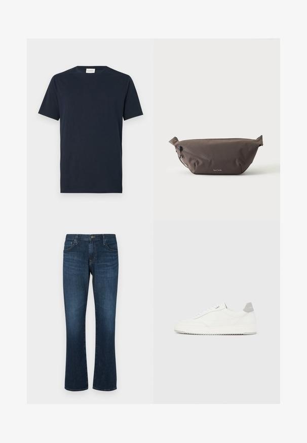 Navy blauwe T-shirt met korte mouwen van zacht katoen. Heeft een rond decolleté en een eenvoudig, strak ontwerp zonder patronen of accenten.; Donkerblauwe denim jeans met een rechte pijp, vijf zakken en een metalen knoopsluiting. Glad materiaal met subtiele vervaging.; Witte lage sneaker met grijze hielpatch, witte veters en een gestructureerde zool, gepresenteerd op een effen lichte achtergrond.; Donkerbruine stoffen heuptas met diagonale ritssluiting en klein wit logo aan de voorkant, tegen een effen lichte achtergrond.